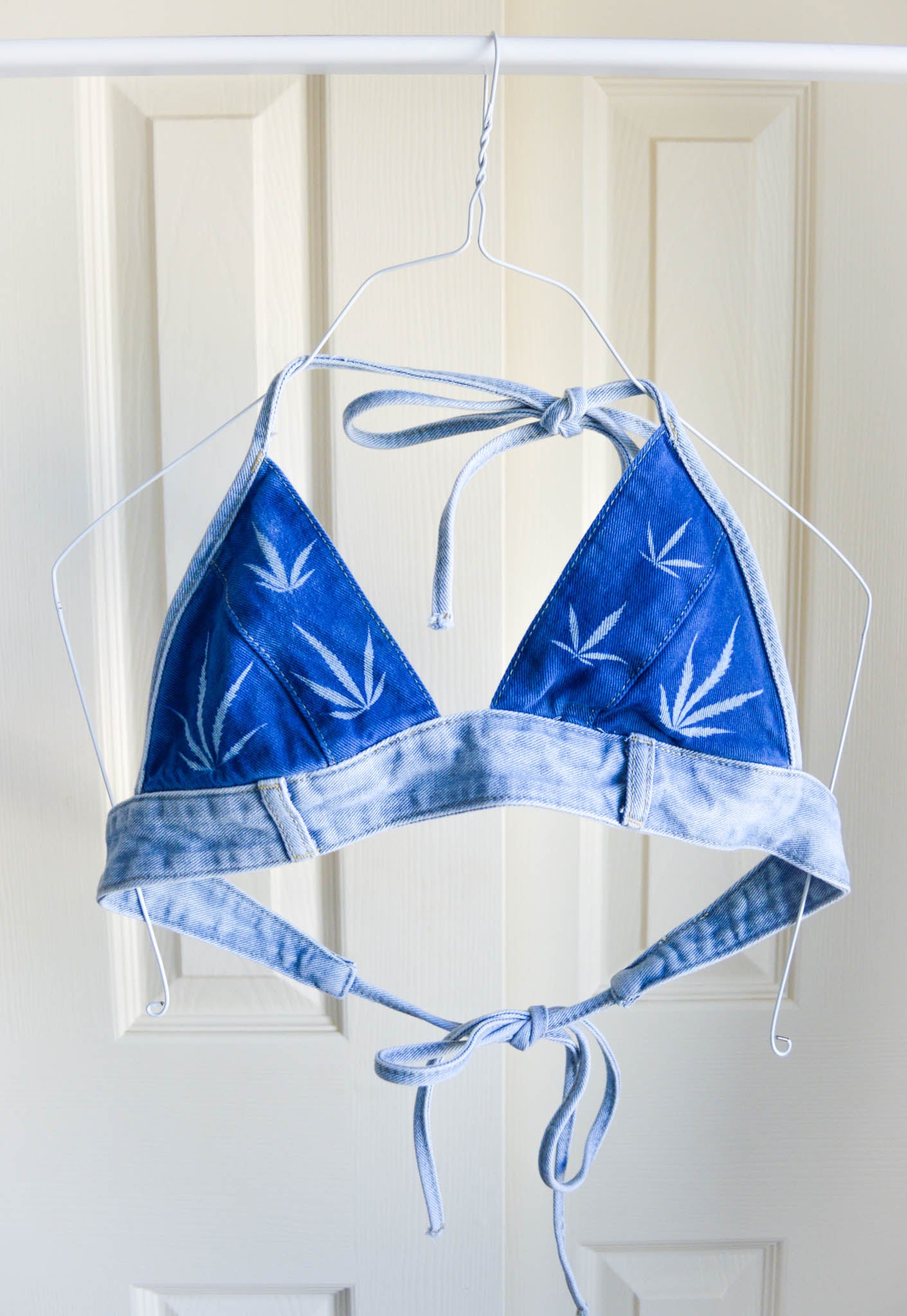 Women's Small Cannabis Design Denim Bikini Top